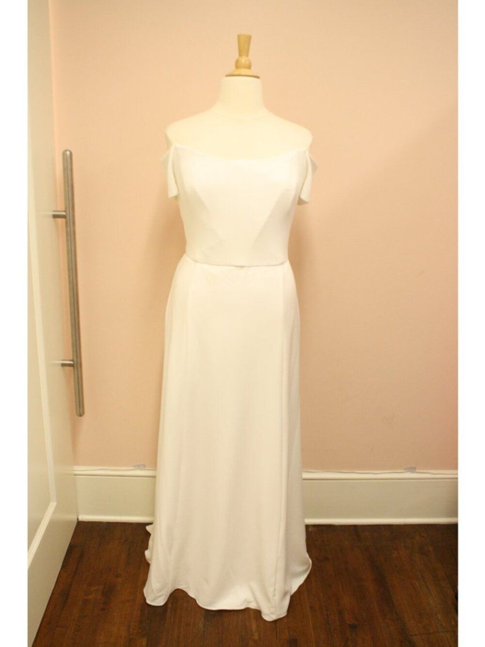 Long Formal Ivory Crepe Evening Gown With Off Shoulder Sleeve Amsale Eden